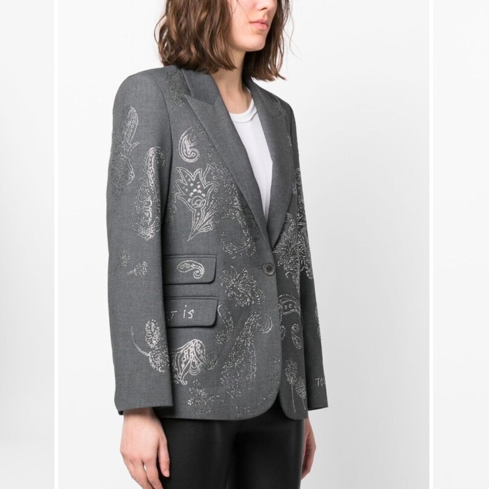 Zadig & Voltaire Venus Strass Paisley Embellished Blazer Gray Silver Sz XS/S NWT
